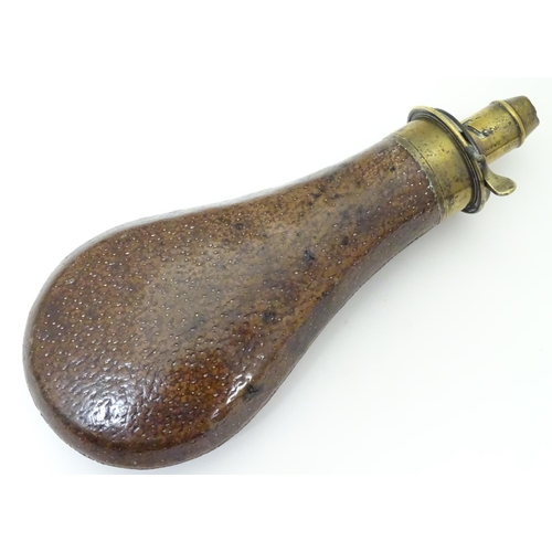 1030 - A 19thC Sykes Patent powder flask, of brass and leather construction with provision for 3, 3 1/4 or ... 