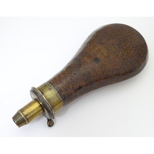 1030 - A 19thC Sykes Patent powder flask, of brass and leather construction with provision for 3, 3 1/4 or ... 