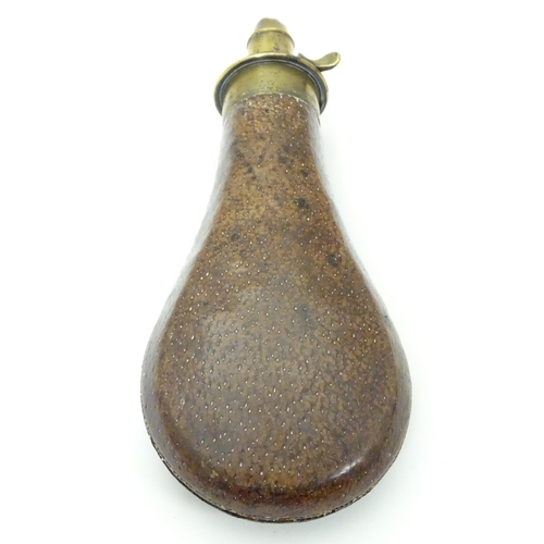 1030 - A 19thC Sykes Patent powder flask, of brass and leather construction with provision for 3, 3 1/4 or ... 