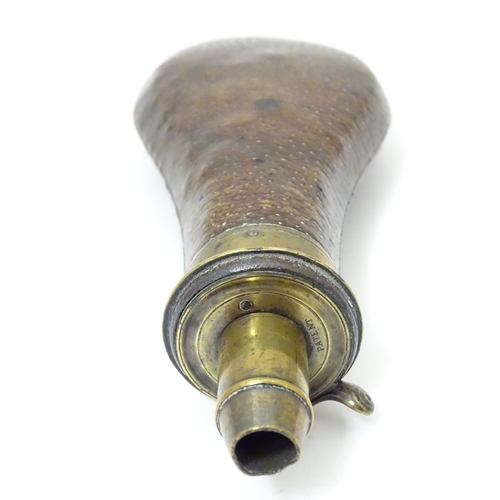 1030 - A 19thC Sykes Patent powder flask, of brass and leather construction with provision for 3, 3 1/4 or ... 