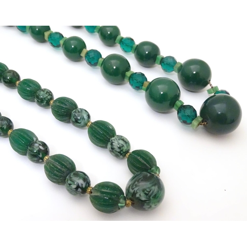 944 - Two vintage bead necklaces, both with various green beads. The longest approx 32