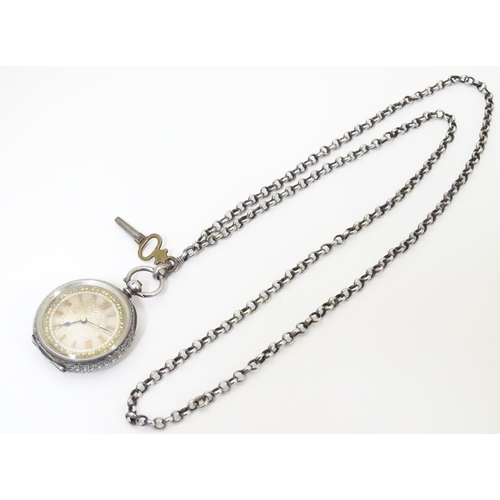 952 - A Continental silver cased pocket / fob watch the movement marked W & Co, Swiss made. Together with ... 