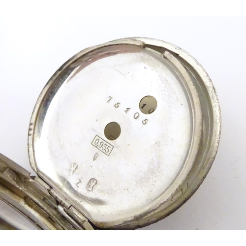 952 - A Continental silver cased pocket / fob watch the movement marked W & Co, Swiss made. Together with ... 