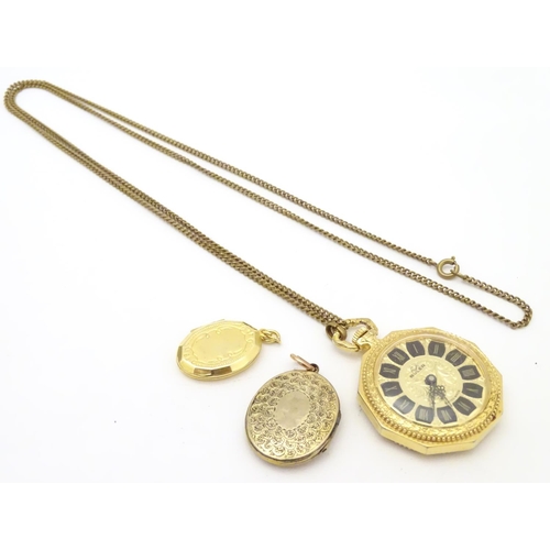 958A - A 20thC Buler  fob / pocket watch with chain and two gilt metal lockets (4)