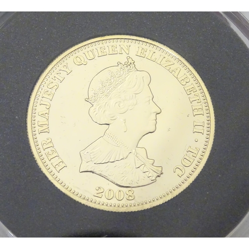 990 - Coin: A Tristan de Cunha 2008 gold and rhodium plated silver piedfort five pounds proof coin with ru... 