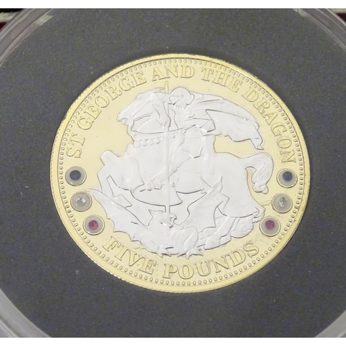 990 - Coin: A Tristan de Cunha 2008 gold and rhodium plated silver piedfort five pounds proof coin with ru... 