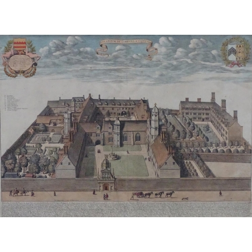 2427 - Two engravings comprising a hand coloured birds eye view of Gonville and Caius College, Cambridge by... 