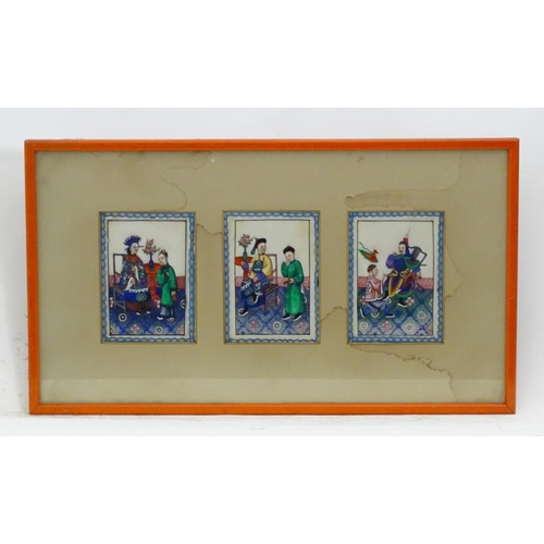 2447 - Three Chinese export gouaches on pith paper framed as one. Each depicting an interior court scene wi... 