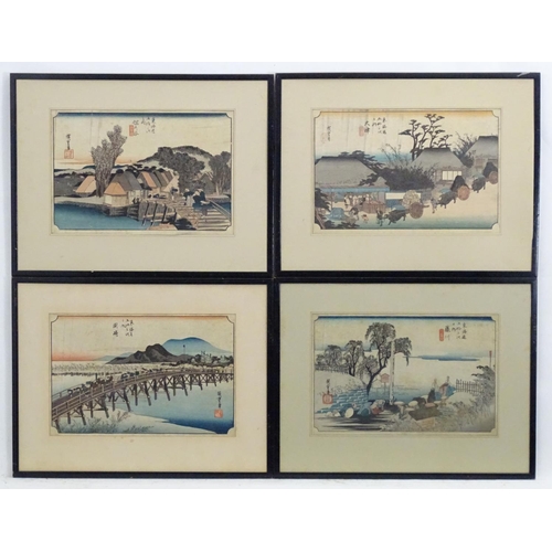 2449 - After Hiroshige, Japanese School, Four woodblock Tokaido prints, Yahagi Bridge at Okazaki, Quatrieme... 