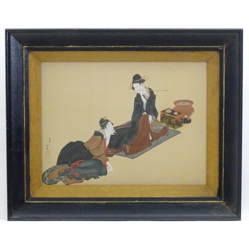 2451 - After Katsushika Hokusai, Japanese School, Hand coloured print on silk, Two resting ladies / beautie... 