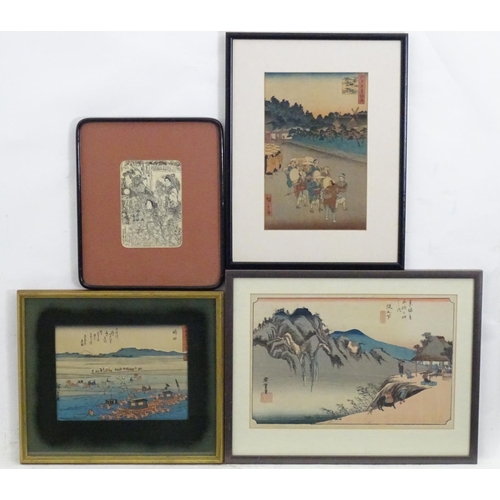 2453 - Four assorted Japanese prints comprising, two Tokaido prints, Sakanoshita Fudesute Mine and Shimada,... 