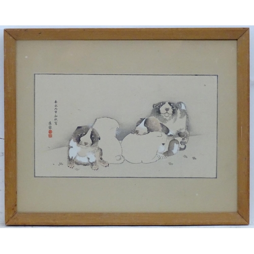 2464 - After Maruyama Okyo, 20th century, Japanese School, Hand coloured print, Puppies in a snowy landscap... 