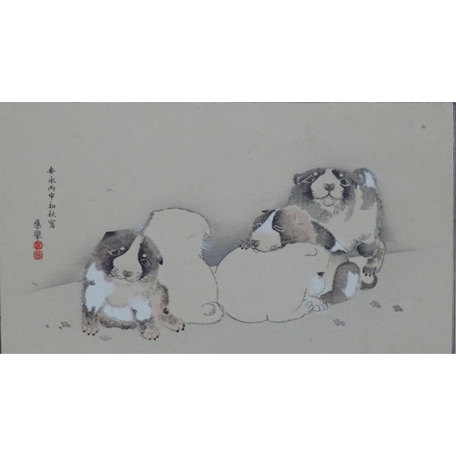 2464 - After Maruyama Okyo, 20th century, Japanese School, Hand coloured print, Puppies in a snowy landscap... 