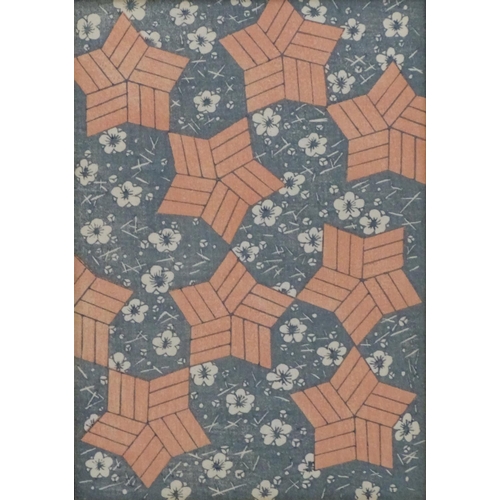 2465 - Oriental School, 20th century, Colour block print, A repeating flower and stylised star fabric patte... 