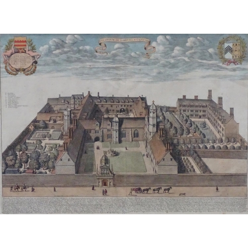 2427 - Two engravings comprising a hand coloured birds eye view of Gonville and Caius College, Cambridge by... 