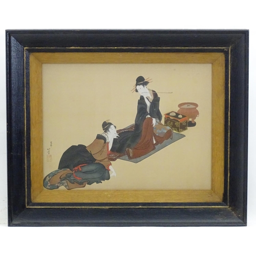 2451 - After Katsushika Hokusai, Japanese School, Hand coloured print on silk, Two resting ladies / beautie... 