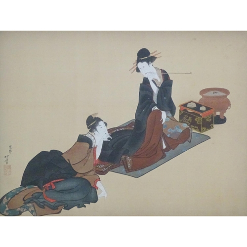 2451 - After Katsushika Hokusai, Japanese School, Hand coloured print on silk, Two resting ladies / beautie... 