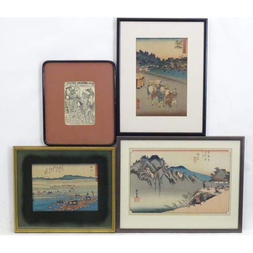 2453 - Four assorted Japanese prints comprising, two Tokaido prints, Sakanoshita Fudesute Mine and Shimada,... 