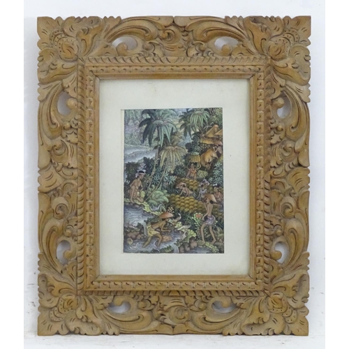 2466 - Balinese School, 20th century, Watercolour and gouache, A forest landscape with a river, figures har... 