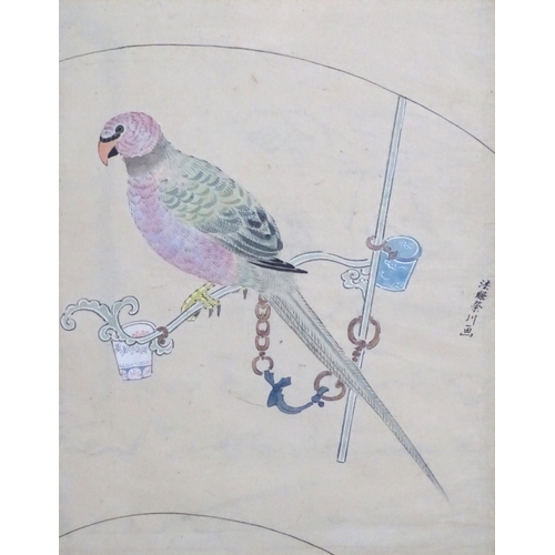 2467 - Oriental School, 20th century, Three hand coloured prints, Two exotic birds in flight, a parrot perc... 