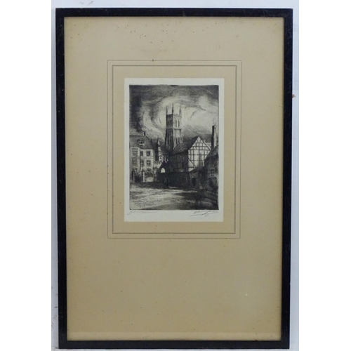 2472 - Indistinctly signed, 19th century, Etching, A street view of Gloucester with the cathedral tower. Fa... 