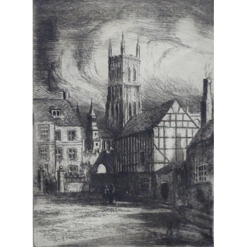 2472 - Indistinctly signed, 19th century, Etching, A street view of Gloucester with the cathedral tower. Fa... 