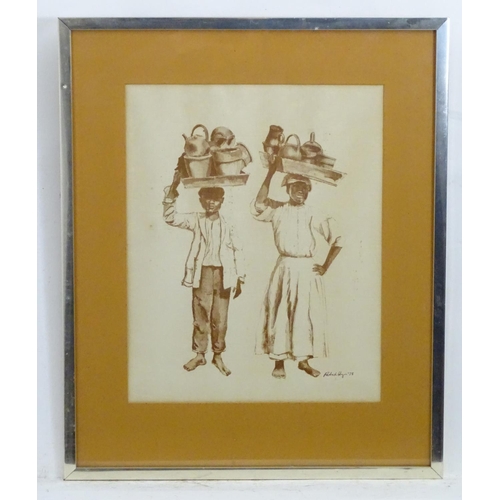 2478 - Patrick Hayes, 20th century, Print on textured paper, Two Caribbean figures carrying pots and jugs. ... 