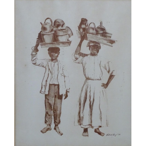 2478 - Patrick Hayes, 20th century, Print on textured paper, Two Caribbean figures carrying pots and jugs. ... 