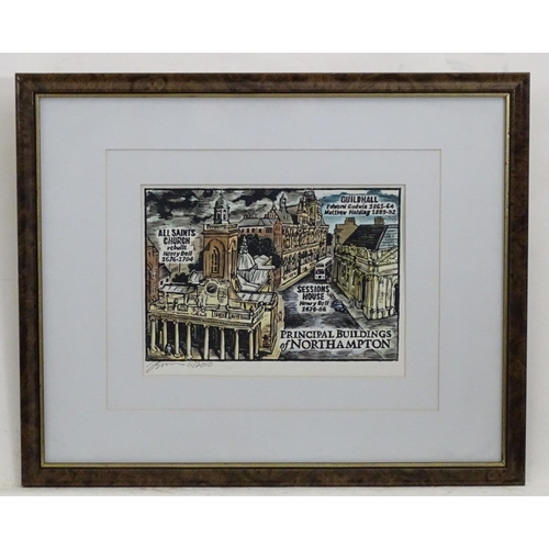 2482 - John Simpson, 20th century, Limited edition colour print, Principal Buildings of Northampton. Signed... 