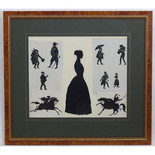 2493 - Ten silhouettes framed as one, comprising a portrait of a lady in profile, two soldiers fighting on ... 