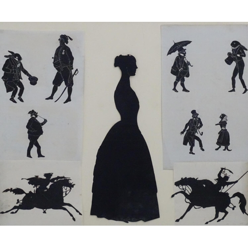 2493 - Ten silhouettes framed as one, comprising a portrait of a lady in profile, two soldiers fighting on ... 