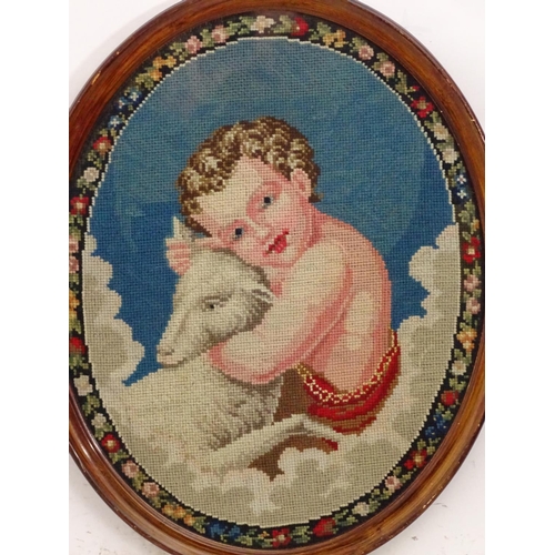 2521 - A 20thC oval needlework / embroidery depicting John the Baptist and a sheep amongst clouds, with a f... 