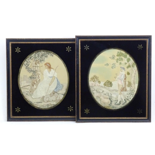 2523 - A pair of 19thC silkwork embroidery and watercolour panels depicting a shepherd in a landscape with ... 