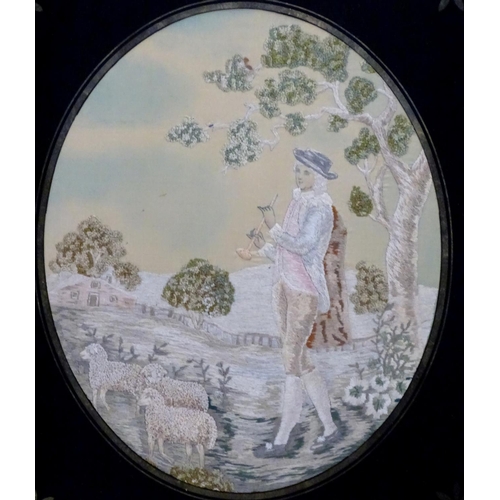 2523 - A pair of 19thC silkwork embroidery and watercolour panels depicting a shepherd in a landscape with ... 