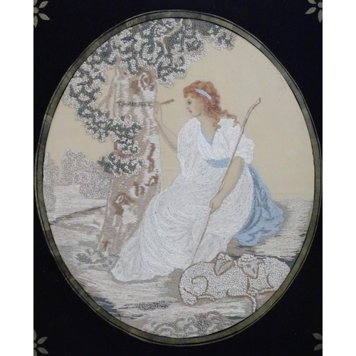 2523 - A pair of 19thC silkwork embroidery and watercolour panels depicting a shepherd in a landscape with ... 