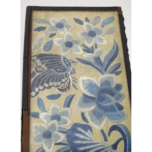 2524 - A late 19th / early 20thC Oriental silkwork embroidery depicting flowers, butterflies and insects. A... 