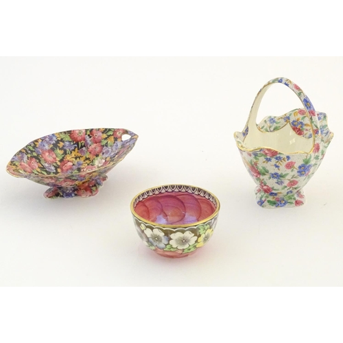 106 - Three ceramic items comprising a Royal Winton basket in the pattern Old Cottage Chintz with flowers ... 