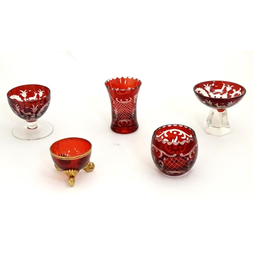 274 - An assortment of Bohemian ruby glass ware, to include salts, pot, liqueur glasses etc, the largest 2... 