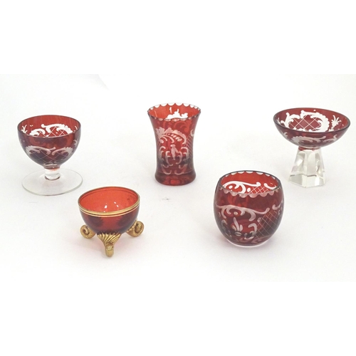 274 - An assortment of Bohemian ruby glass ware, to include salts, pot, liqueur glasses etc, the largest 2... 