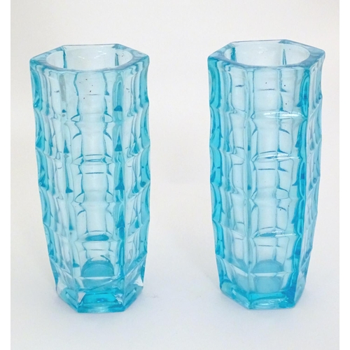 277 - A pair of mid-century retro Polish glass vases the aqua turquoise vases with cubist style decoration... 