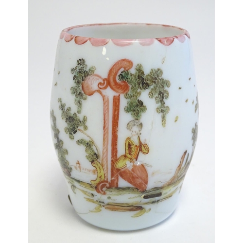 286 - An 18thC milk glass mug with hand painted decoration. 4