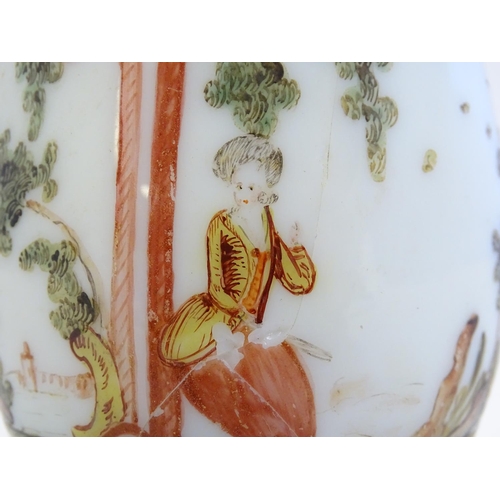 286 - An 18thC milk glass mug with hand painted decoration. 4