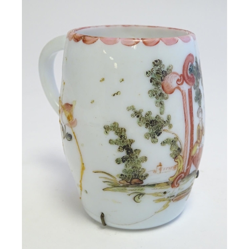 286 - An 18thC milk glass mug with hand painted decoration. 4