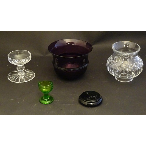 291 - Assorted glass items, comprising an early 20thC Amethyst glass bowl with flared rim, a two-sectional... 