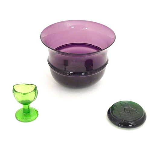 291 - Assorted glass items, comprising an early 20thC Amethyst glass bowl with flared rim, a two-sectional... 