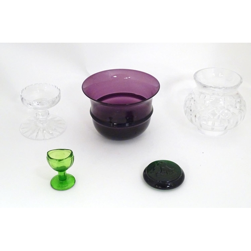 291 - Assorted glass items, comprising an early 20thC Amethyst glass bowl with flared rim, a two-sectional... 