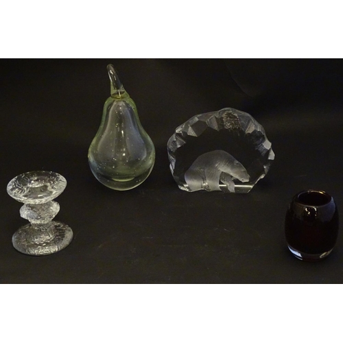 300 - Four mid 20thC art glass items, comprising: a Geoffrey Baxter Whitefriars ruby glass pot, with bubbl... 