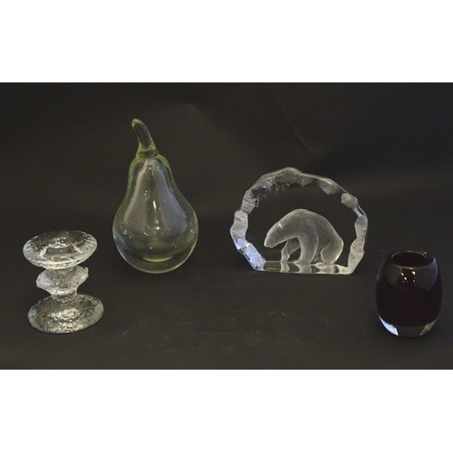 300 - Four mid 20thC art glass items, comprising: a Geoffrey Baxter Whitefriars ruby glass pot, with bubbl... 