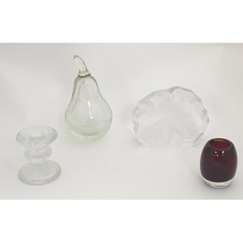 300 - Four mid 20thC art glass items, comprising: a Geoffrey Baxter Whitefriars ruby glass pot, with bubbl... 