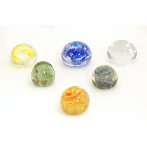 302 - 6 art glass paperweights decorated with multicoloured inclusions, one with etched thistle and bird d... 